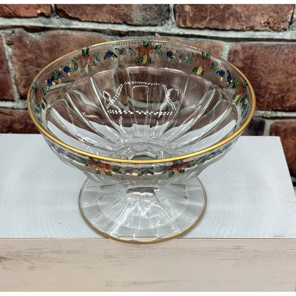 Vintage Glass Compote Pedestal Bowl UV REACTIVE‎ Maganese Hand-Painted Floral - Picture 4 of 8